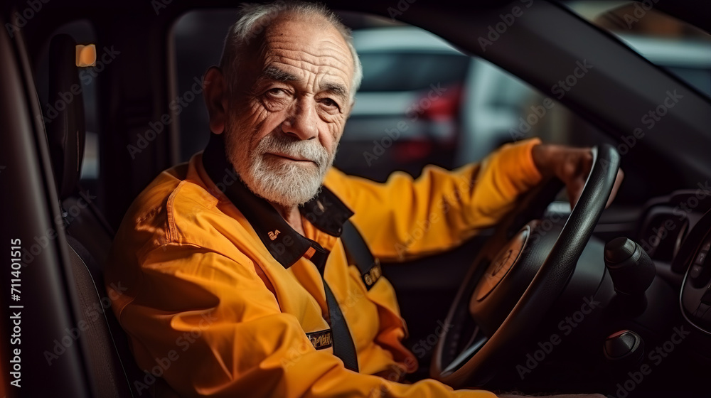 Portrait of elderly man taxi driver in a car and yellow clothes Portrait of elderly man taxi driver in a car and yellow clothes