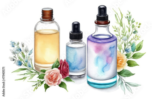 essence oil bottles in watercolor. natural skin care, homemade spa, beauty treatment recipe