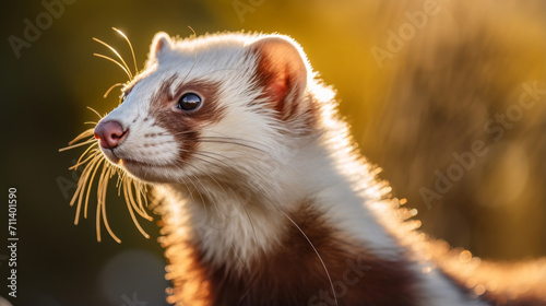 Portrait of a white and brown ferret in the sunlight photo
