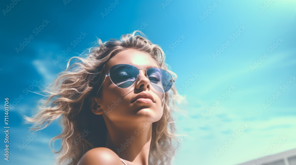 Portrait of a woman outdoors. Against sky on beach vacation Portrait of a woman outdoors. Against sky on beach vacation