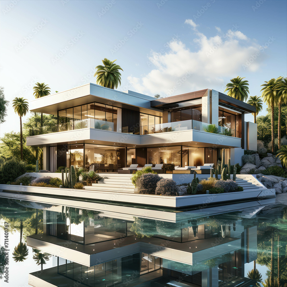 Modern luxury cottage. Minimalistic architecture private villa with pool