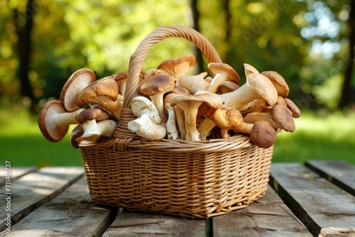 Wicker basket with fresh wild mushrooms on wooden table outdoors