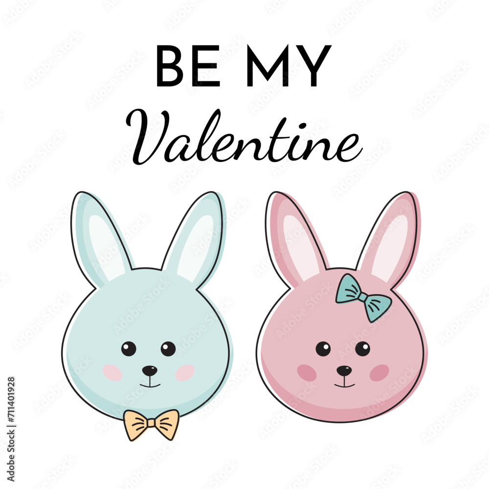 Cute bunnies couple for Valentines day. Love romantic concept, be my Valentine. Happy Valentines Day card with cute romantic lovely funny couple of bunny. Kawaii style, animals. Cute bunnies couple for Valentines day. Love romantic concept, be my Valentine. Happy Valentines Day card with cute romantic lovely funny couple of bunny. Kawaii style, animals.
