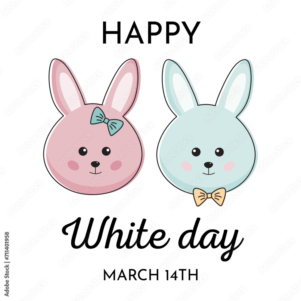 Happy White day with bunnies in kawaii style. Romantic couple of bunny for holiday. White day romantic greeting. 14 March. For cards, posters, invitation. Happy White day with bunnies in kawaii style. Romantic couple of bunny for holiday. White day romantic greeting. 14 March. For cards, posters, invitation.