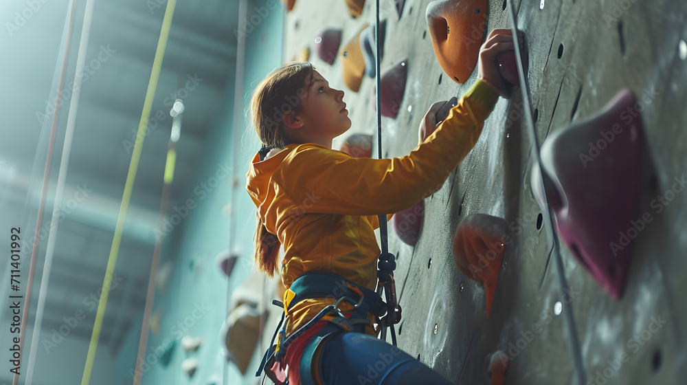A person climbing an indoor climbing wall, focused and determined