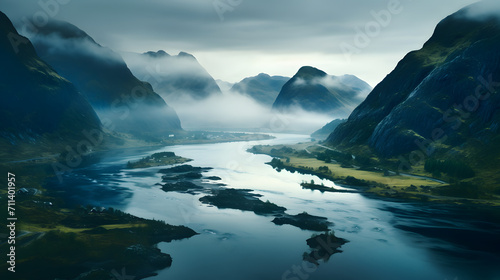 A fog-shrouded fjord, with mysterious landscapes in the background, during the enigmatic twilight hours