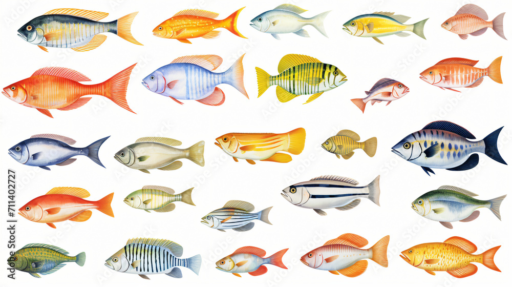 Sea fish collection set watercolor illustration isolated on white background