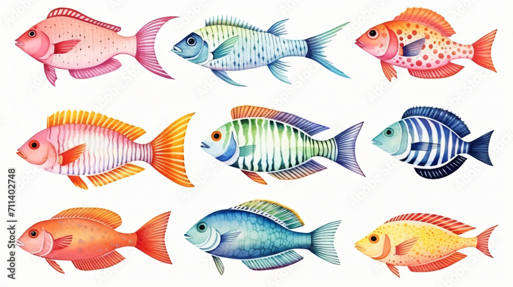 Sea fish collection set watercolor illustration isolated on white background