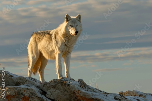Capture a lone wolf standing on a rocky outcrop  its gaze fixed on the distant horizon