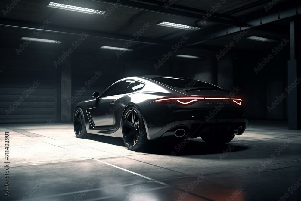 modern sports car in dark garage. 3D rendering. Generative AI