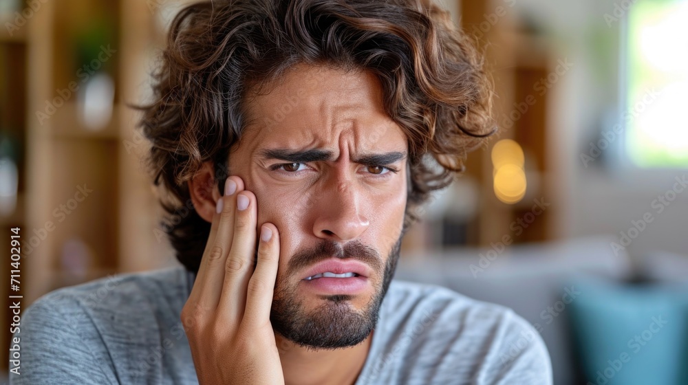 Man Experiencing Severe Toothache Pain Touching Jaw. - obrazy, fototapety, plakaty 