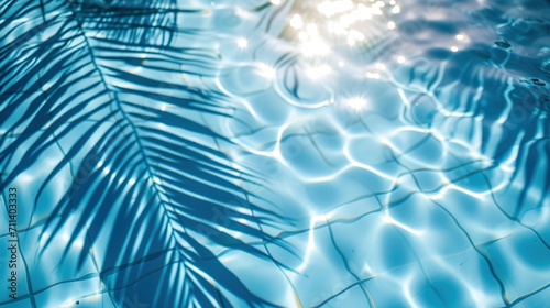 Surface of blue pool water with shadow from palm leaf, abstract summer fresh background