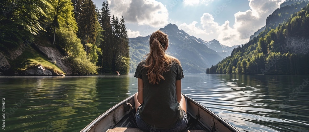 Rear view girl traveling in boat on a lake in a beautiful mountains Nature landscape