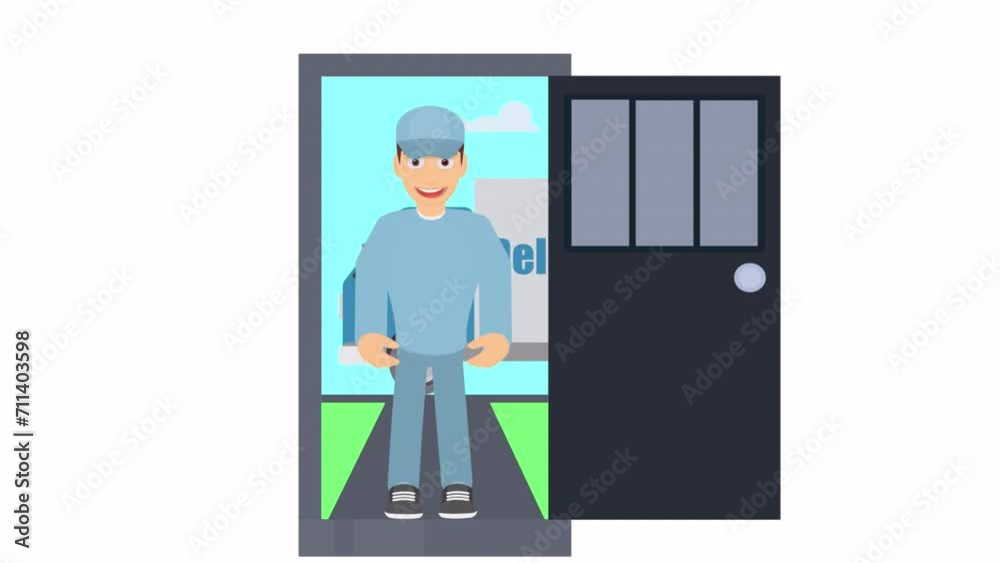 Delivery man with a box. Animation of a courier with a parcel in an open door, alpha channel. Cartoon Delivery man with a box. Animation of a courier with a parcel in an open door, alpha channel. Cartoon