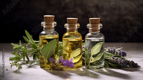 Selection of essential oils, with herbs and flowers in the background