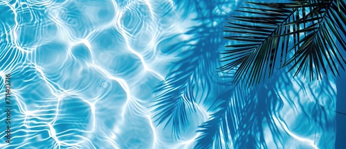 Surface of blue pool water with shadow from palm leaf, abstract summer fresh background