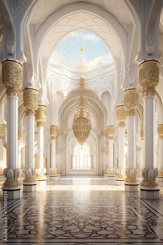 Vertical photo of a soft light of dawn casts serene patterns on the floor of a beautifully adorned mosque welcoming worshippers during the holy month of Ramadan.