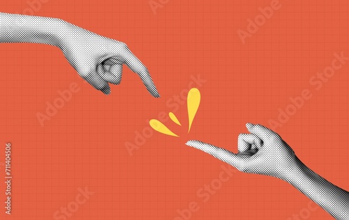 Hands Collage contemporary art isolated Halftone design. Social media communication. For creative ideas, quote.