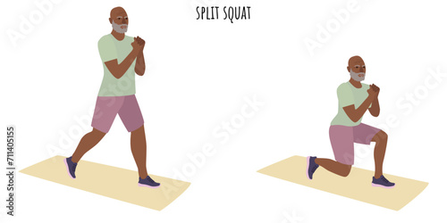 Senior man doing split squat exercise