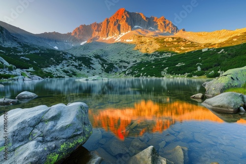 lake in the morning. "Dawn's Majesty: Serene Lake at Mountain Sunrise"