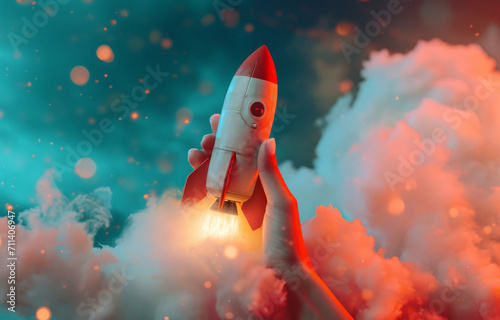 Business start up concept. A rocket ship taking off from a persons hands