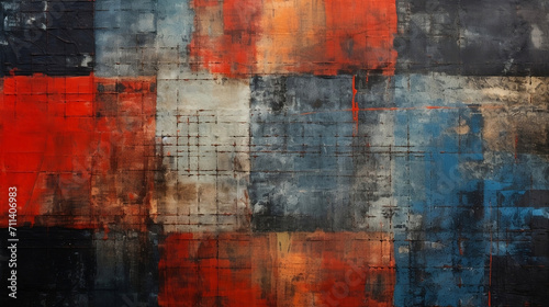 A grungy fabric with red, red and blue patterns on it, dark orange and dark black, crossed colors, bold color scheme, grid-based, small brushstrokes, multilayered