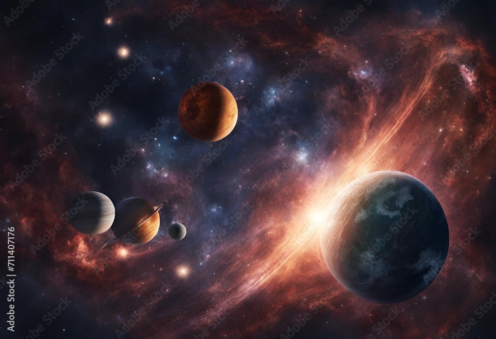 Celestial Bodies Landscape with Galaxies. Planets and Stars