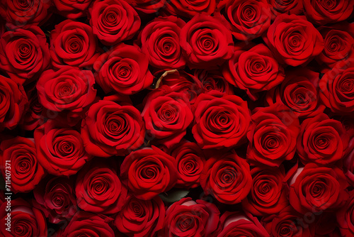 Close up  top view bouquet of red roses. Blooming rose  flower blossom and Valentine   s Day gift concept. Gorgeous luxury bouquet of red roses. flower background.