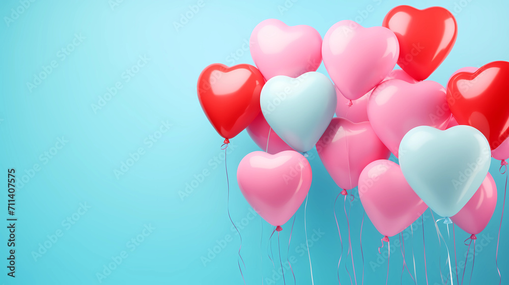 Inflatable helium colourful shaped heart balloons. Valentine Day’s. Heart shapes helium balloons on blue pastel background. Front view copy space.