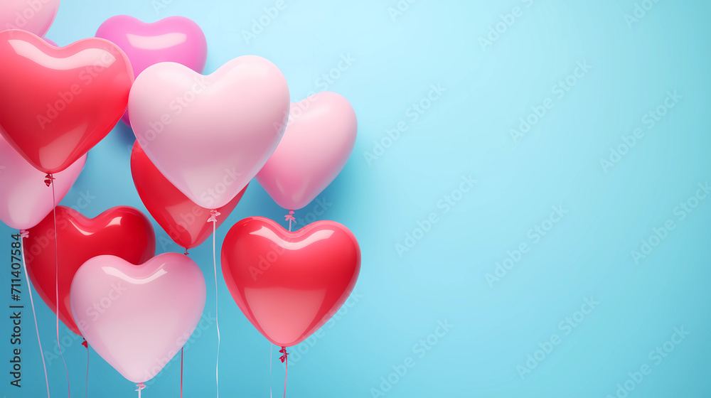 Inflatable helium colourful shaped heart balloons. Valentine Day’s. Heart shapes helium balloons on blue pastel background. Front view copy space.
