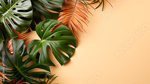 Green tropical Monstera leaves on yellow background. Exotic plant border. Minimalistic banner template with copy space. Top view, flat lay
