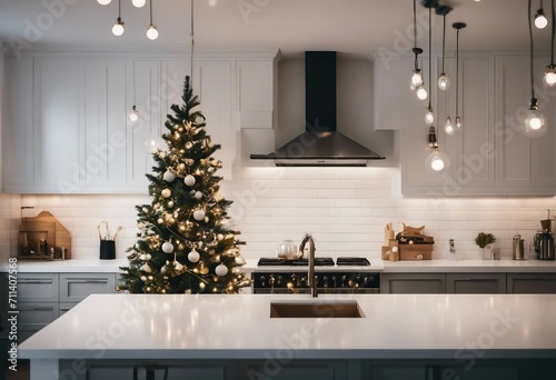 Modern White Kitchen with Christmas Tree Hanging Lights