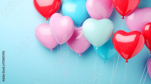 Inflatable helium colourful shaped heart balloons. Valentine Day   s. Heart shapes helium balloons on blue pastel background. Front view copy space.