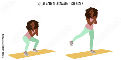 Young woman doing squat and alternating kickback