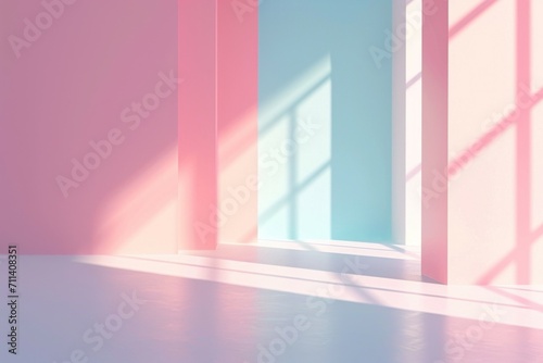 Empty pink and blue room interior with window shadow. Abstract studio background template for product presentation and display.