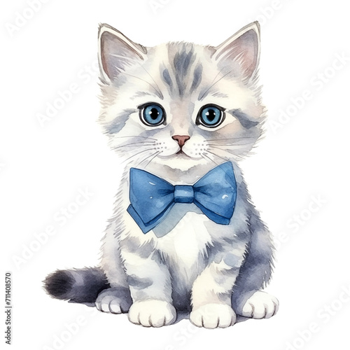 Cute tabby grey kitten with blue eyes. Hand drawn sitting cat with bow tie. Isolated watercolor illustration 
