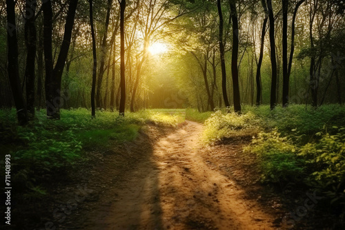 Path in a green forest in the sun. Summer nature natural environment.