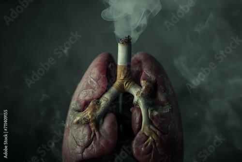 A burning cigarette is connected to the lung, the smoke goes directly to the lung