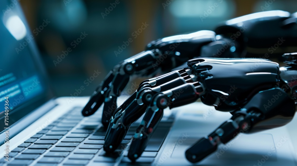 AI android robot hands writing text on laptop keypad. Fresh perspective on the concept of AI. AI android robot hands writing text on laptop keypad. Fresh perspective on the concept of AI.