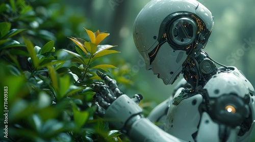 AI humanoid robot delicately touching a plant. Technology and nature concept. Robotic hands and green nature background