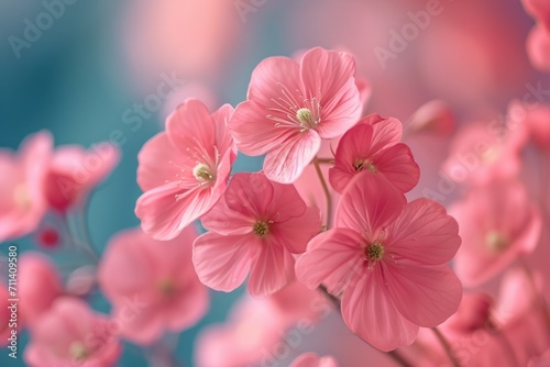 Gently pink flowers of anemones outdoors in summer spring close-up on turquoise background with soft selective focus