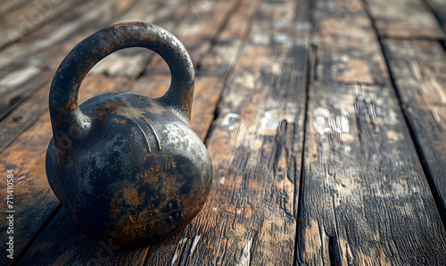Old used kettlebell on the wooden floor. Sporting goods for athletes.