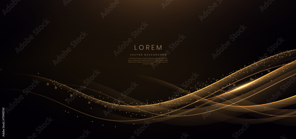Gold wave lines on dark background with lighting effect and glitter with copy space for text.