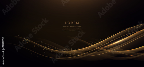Gold wave lines on dark background with lighting effect and glitter with copy space for text.