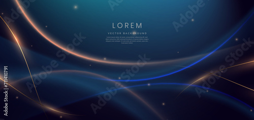 Luxury dark blue background with gold line curved and lighting effect sparkle.