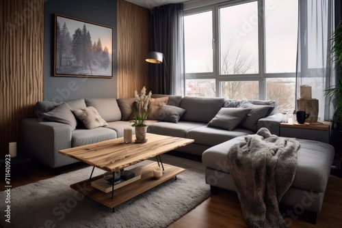 Icelandic interior design of living room with gray sofa, paintings on the wall and wooden coffee table, cozy atmosphere for rest