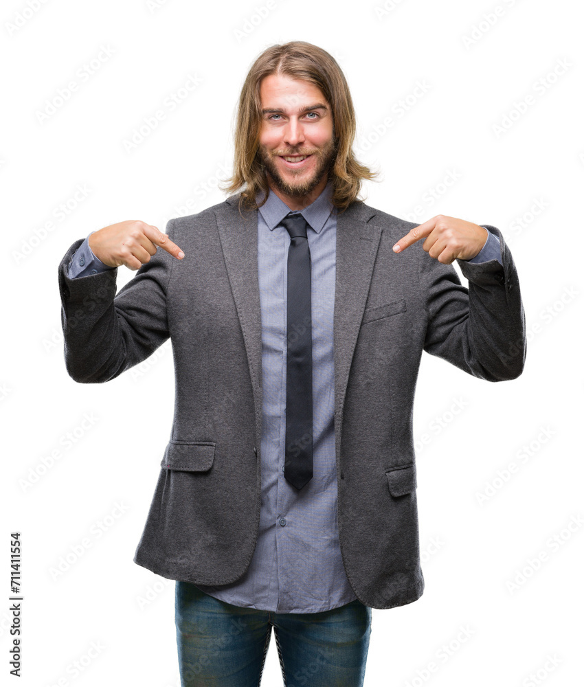 Young handsome business man with long hair over isolated background looking confident with smile on face, pointing oneself with fingers proud and happy. Young handsome business man with long hair over isolated background looking confident with smile on face, pointing oneself with fingers proud and happy.
