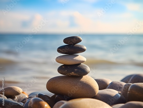Balanced pebble pyramid silhouette on the beach with the ocean in the background