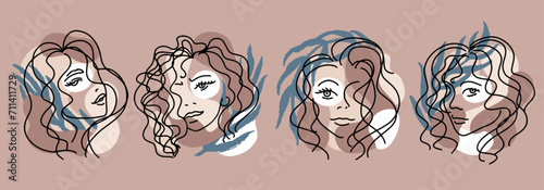 Trend set portrait of a woman with palm leaves and abstract spots of different skin tones. Hand drawn minimalistic lines. Isolated vector illustration ideal for social networks.