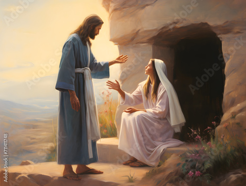 Jesus Christ appearing to Mary Magdalene at empty tomb after resurrection photo